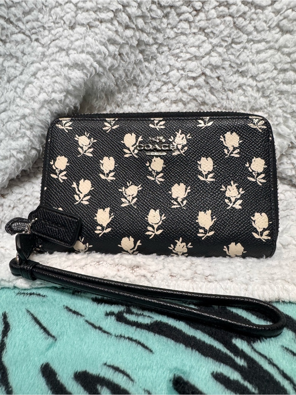 Coach Black Wristlet with Cream Floral Motif